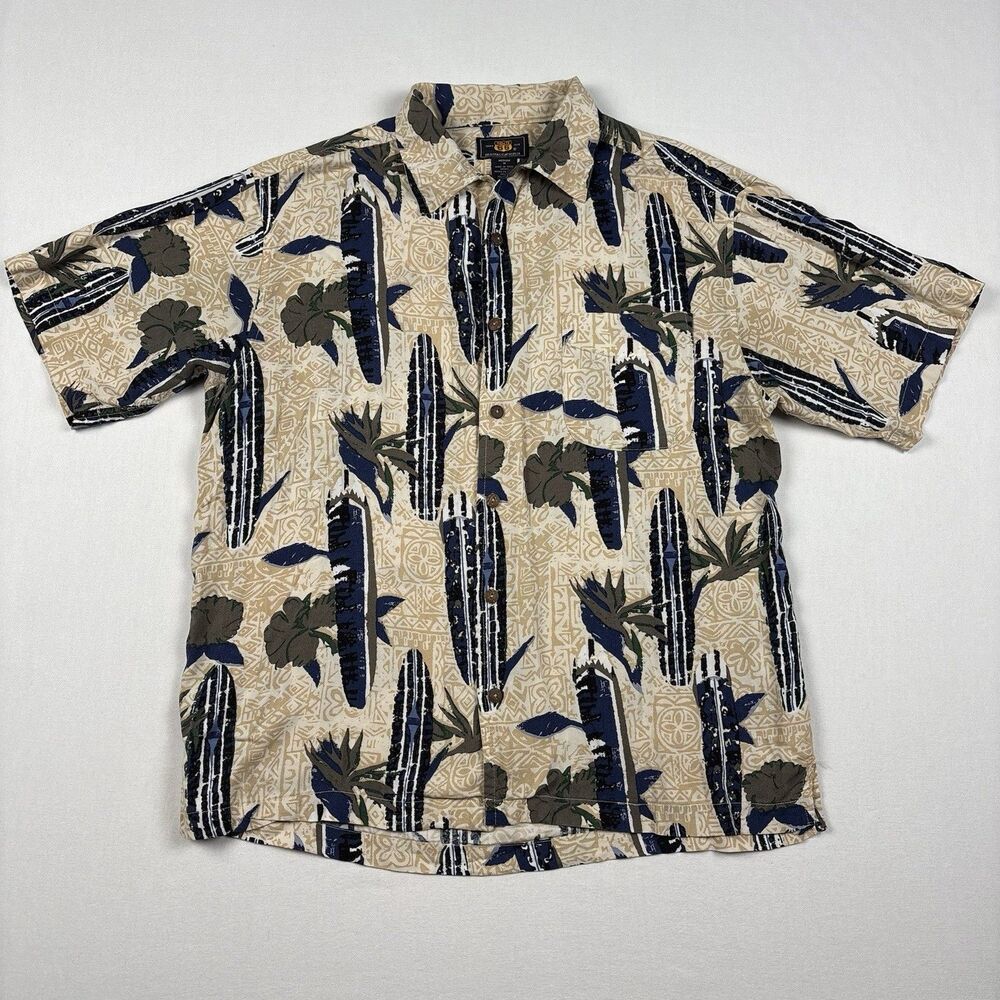 Route 66 Mens Size M Beige Hawaiian Print Short Sleeve Button Front Camp Shirt